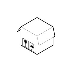 Outline box icon. Empty cardboard corrugated box with 2 top flaps open. Isometric vector isolated on white background.
