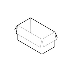 Outline box icon. Empty cardboard corrugated box with 4 top flaps open. Isometric vector isolated on white background.