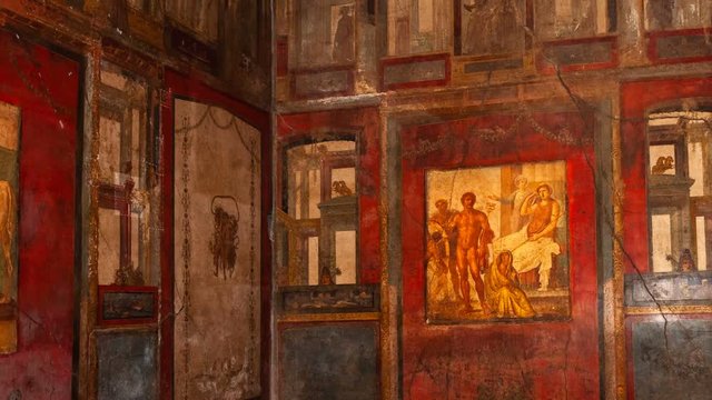 Pompeii, the best preserved archaeological site in the world, Italy. Frescoes on the interior wall at home destroyed by eruption vesuvio 79 ad