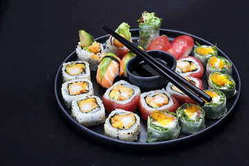 Sushi. Fresh, appetizing set of sushi. Traditional Japanese cuisine