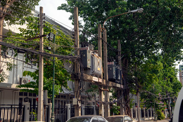 Power lines and vegetation along Lak Muang Road, Bangkok, Thailand