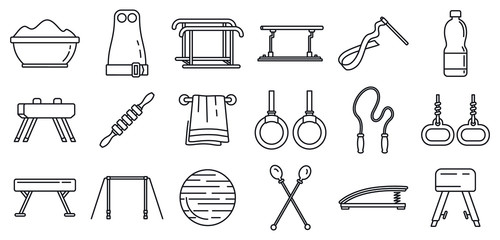 Modern gymnastics equipment icons set. Outline set of modern gymnastics equipment vector icons for web design isolated on white background