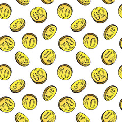 Golden coins variety falling, hand drawn doodle sketch, seamless pattern design on white background
