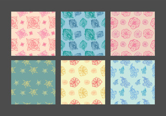 Floral hand-drawn seamless pattern set. Multicolored vector illustration.