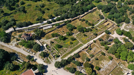 Obraz premium Aerial photo of iconic Ancient Forum a true masterpiece in the heart of ancient Athens featuring Temple of Hephaestus and iconic Stoa of Attalos in the slopes of Acropolis hill, Attica, Greece