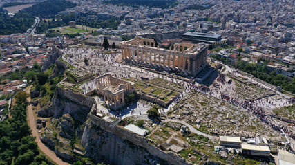 Obraz premium Aerial drone bird's eye view photo of iconic Acropolis hill, the Parthenon, Athens historic center, Attica, Greece