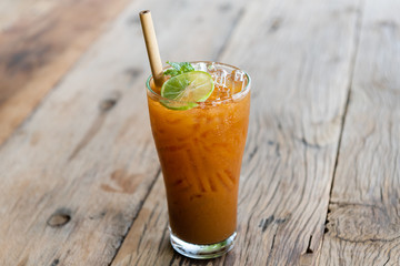 Ice cold sweet lemon tea drink.