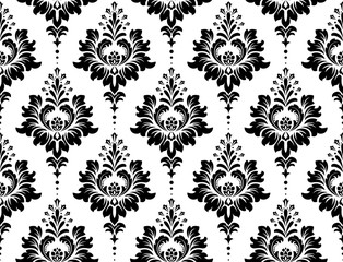 Behang in de stijl van de barok. Naadloze vectorachtergrond. Wit en zwart bloemenornament. Grafisch patroon voor stof, behang, verpakking. Sierlijk damast bloemornament
