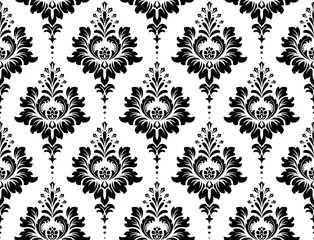 Gardinen Tapete im Stil des Barock. Nahtloser Vektorhintergrund. Weiße und schwarze Blumenverzierung. Grafisches Muster für Stoff, Tapete, Verpackung. Verzierte Damast-Blumenornament © ELENA