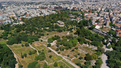 Obraz premium Aerial photo of iconic Ancient Forum a true masterpiece in the heart of ancient Athens featuring Temple of Hephaestus and iconic Stoa of Attalos in the slopes of Acropolis hill, Attica, Greece