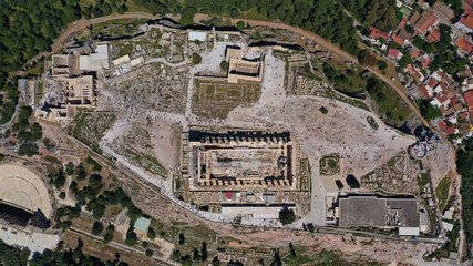 Aerial birds eye view photo taken by drone of iconic Acropolis hill and the Parthenon, Athens historic center, Attica, Greece