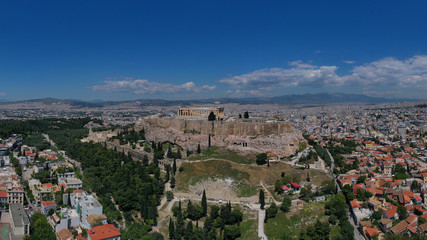 Fototapeta na wymiar Aerial birds eye view photo taken by drone of iconic Acropolis hill and the Parthenon, Athens historic center, Attica, Greece