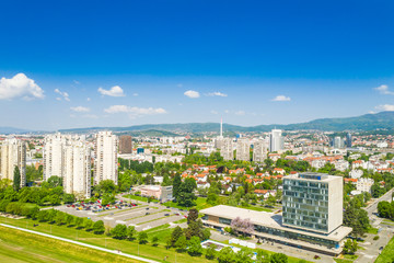 Zagreb, Croatia, Sava river from air, city skyline, green landscape