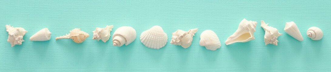 Obraz na płótnie Canvas vacation and summer concept with seashells over blue wooden background. Top view flat lay