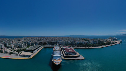 Aerial drone bird's eye view of famous port of Piraeus one of the largest in Europe, Attica, Greece