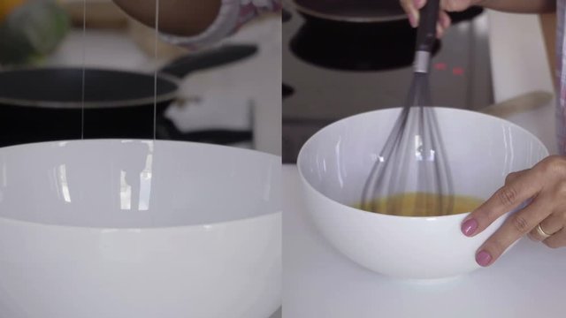 Collage of close up shots of young female hands smashing and mixing eggs. Cooking concept 