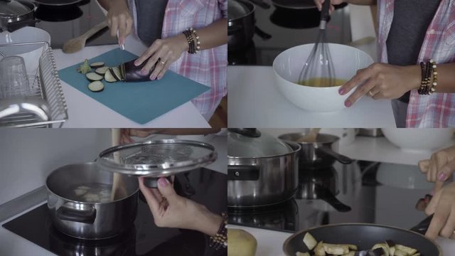 Collage of close up shots of young womens hands cutting eggplants, frying them, smashing eggs, boiling something. Cooking concept 
