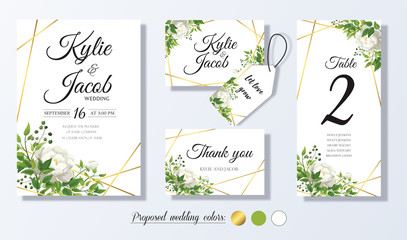 Wedding Invitation, menu, thank you, label, table number card. Floral design with green & gold watercolor leaves white flower decorative frame print Vector elegant cute rustic greeting invite postcard