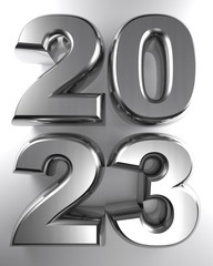 2023 in metallic chrome 3D letters - 3D rendering