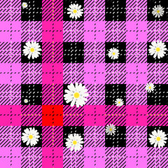 Seamless tartan plaid pattern in pink and grey. Traditional checkered fabric texture for digital textile printing.