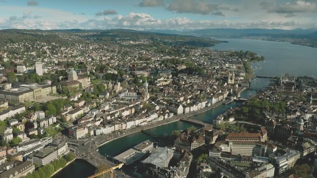 Aerial establishing shot of Zurich, Switzerland