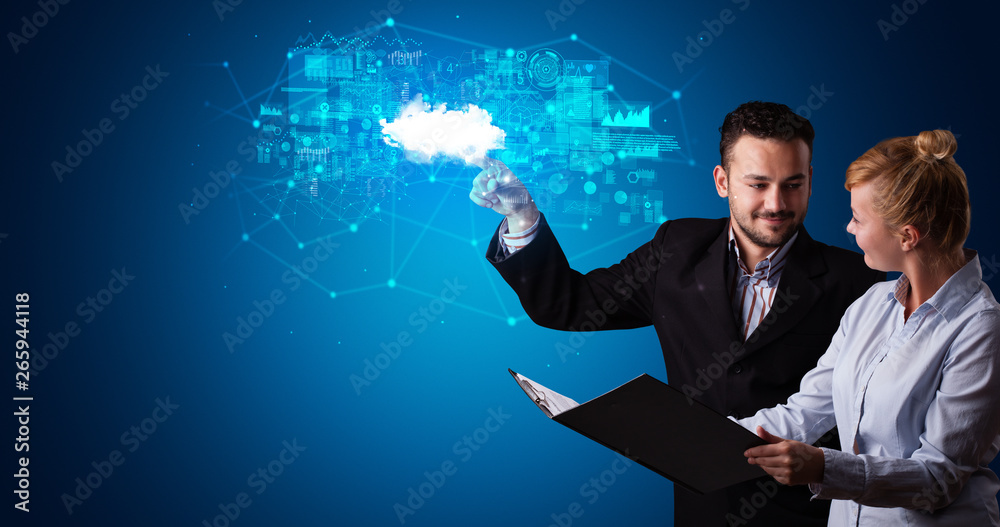 Aufkleber Man and woman touching hologram projection displaying information from cloud based system
