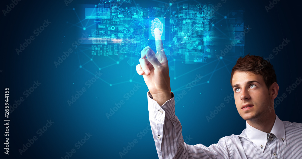 Aufkleber Man accessing modern hologram personal database with fingerprint identification