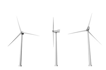 Three windmills with different rotation angles bottom view isolated on white background - wind power industrial illustration, 3D illustration