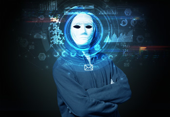 Facial recognition system. Young man on dark background, face recognition concept
