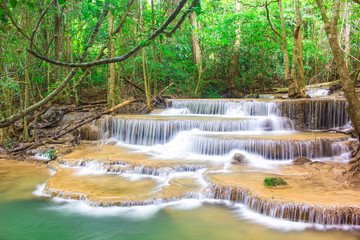 Amazing waterfall in tropical forest of national park, Huay Mae Khamin waterfall, Kanchanaburi Province, Thailand