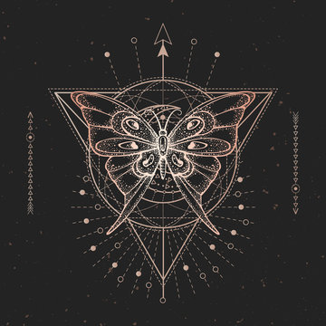 Vector illustration with hand drawn butterfly and Sacred geometric symbol on black vintage background. Abstract mystic sign.