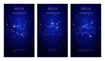 Set of three cards with Signs of the Zodiac, astrological constellations and hand drawn lettering against the starry sky.
