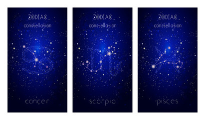 Fototapeta na wymiar Set of three cards with Signs of the Zodiac, astrological constellations and hand drawn lettering against the starry sky.