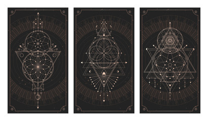 Vector set of three dark backgrounds with geometric symbols, grunge textures and frames.