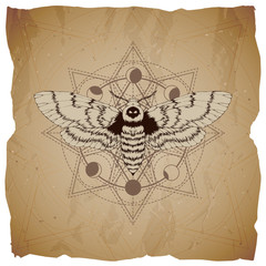 Vector illustration with hand drawn Dead head moth and Sacred geometric symbol on old paper background with torn edges. Abstract mystic sign.
