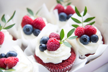 Appetizing cupcakes with white cream, raspberries and blueberries decorated with green leaves.