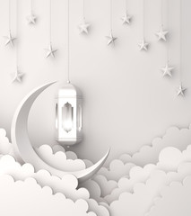 Arabic lantern, cloud, crescent, star on white background copy space text. Design creative concept for islamic celebration day ramadan kareem or eid al fitr adha. 3d render.