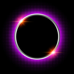 Silver sparkling ring with purple neon glitter on black background