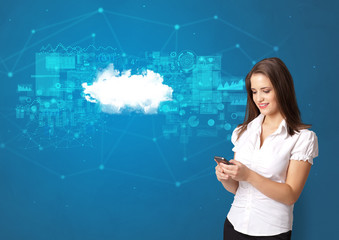 Young smiling person presenting cloud technology concept
