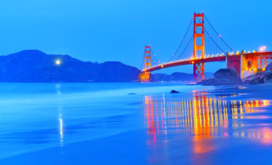 View of Golden Gate Bridge from Marshall's Beach in San Francisco at night.