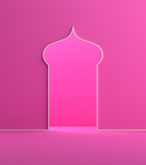 Minimal arabic window door pink pastel background. Design creative concept of islamic celebration day ramadan kareem or eid al fitr adha. 3D rendering illustration.
