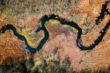 Winding small river between brown swamps, aerial view