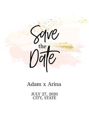 Tender rose pink save the date abstract wedding decoration. Minimalist style congratulations design. Watercolor ink splash elemtns drawing. Golden foil and pink grunge design illustration