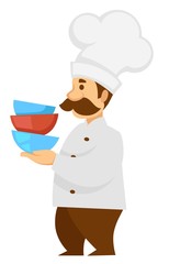 Cook in uniform and hat carrying bowls pile isolated character