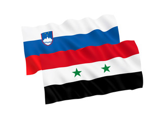 Naklejka premium National fabric flags of Slovenia and Syria isolated on white background. 3d rendering illustration. 1 to 2 proportion.