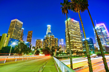 View of the office buildings and main roads in the financial district in Los Angeles at night.