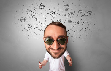 Full  big head on small body with icons and symbols around
