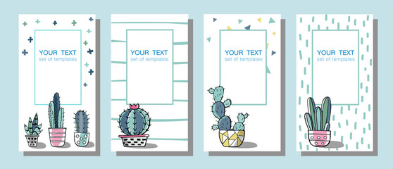 Cards template with pictures of cactuses with outlines. Vector cactus with flower in colored plant illustration. Vintage vector botanical illustration in watercolor style. Hand drawn cactus for design © Volha