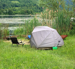 tent of fisherman near the the lake