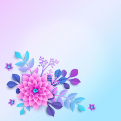Colorful floral background in modern paper cutting style. Corner design element. Bouquet, pastel botanical backdrop, bright colors of blue, pink and violet hues. Space for text. Digital craft style. 